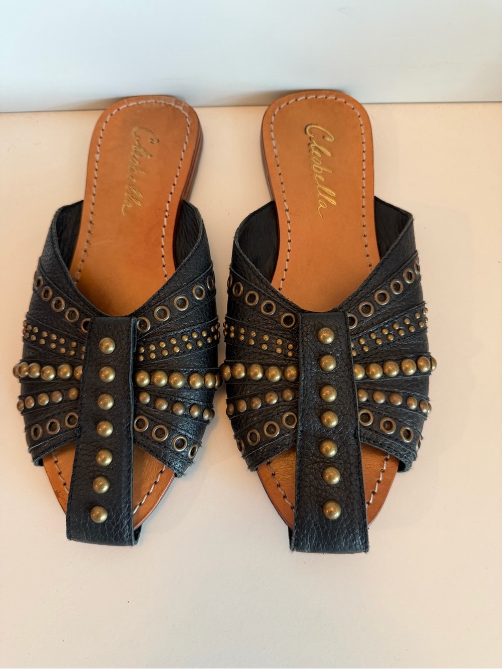 Cleobella Black Leather Studded Grommet Slide Sandals Mules Flat 7.5/8